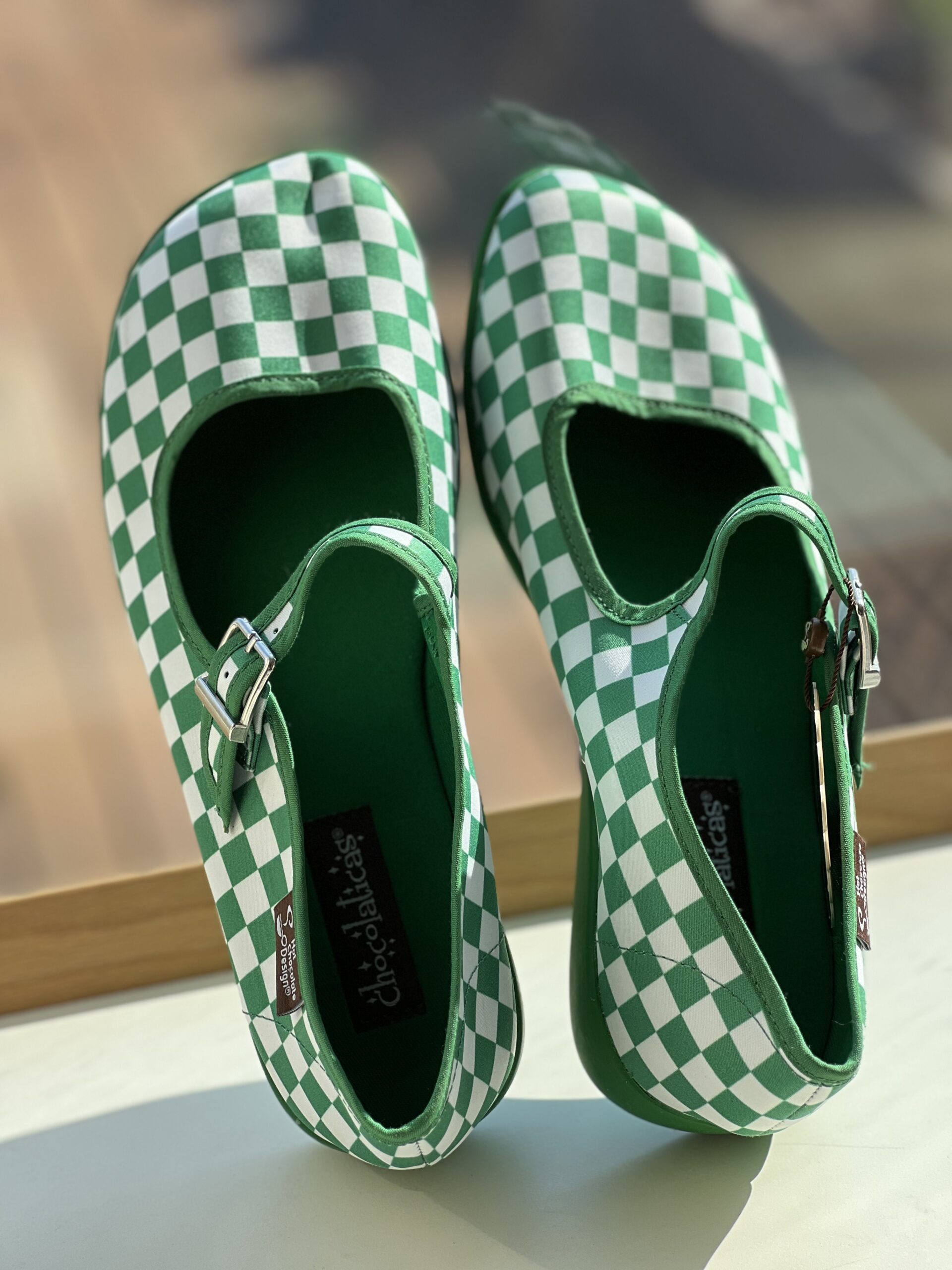 Mary Jane Flats, White & Green Check Print - Image 3
